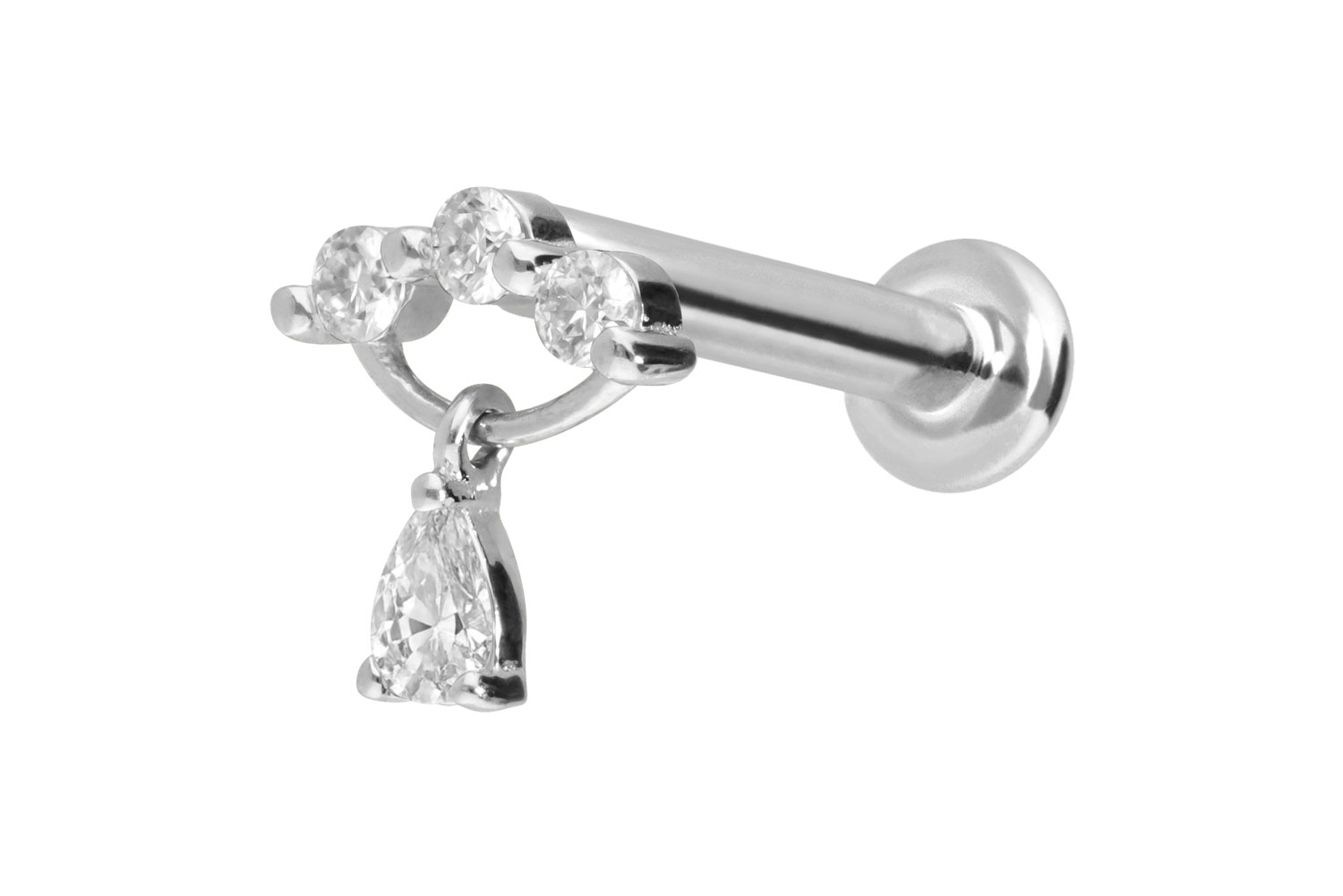 14 Karat Gold Labret Piercing mit Push Fit MOISSANIT-BOGEN + MOISSANIT-TROPFEN